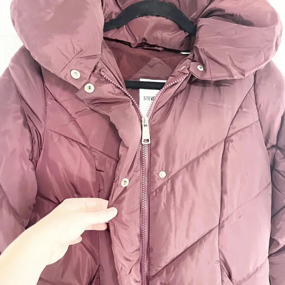 Steve Madden Merlot Long Puffer Coat Synthetic Removable Hood Women's XS NEW - Picture 7 of 13